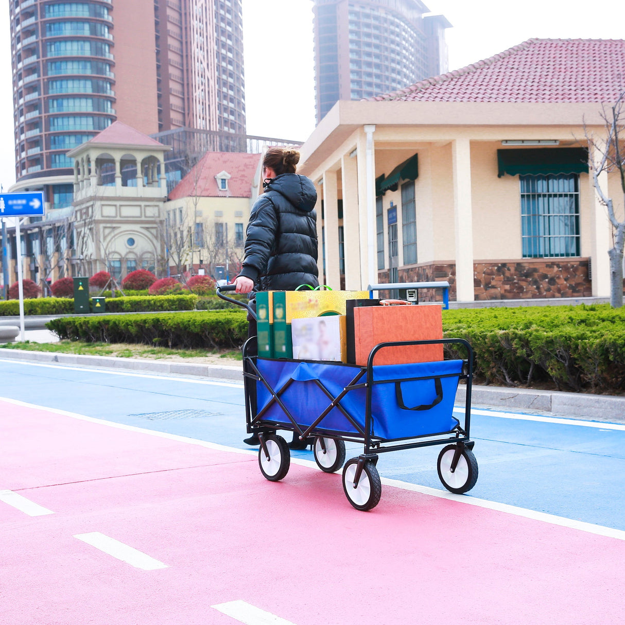 Folding Wagon Garden Shopping Beach Cart (Blue) - V.I.P Digital Presence