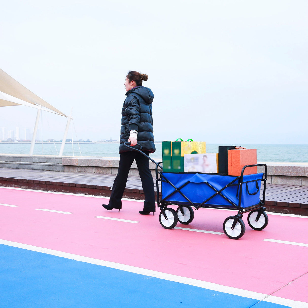 Folding Wagon Garden Shopping Beach Cart (Blue) - V.I.P Digital Presence