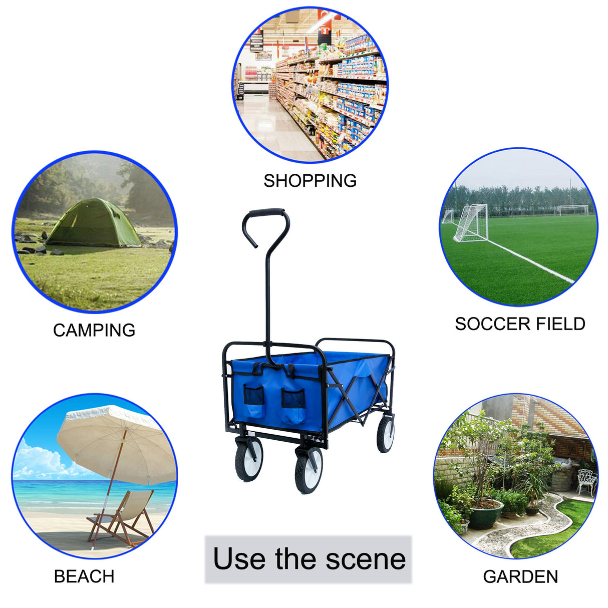 Folding Wagon Garden Shopping Beach Cart (Blue) - V.I.P Digital Presence