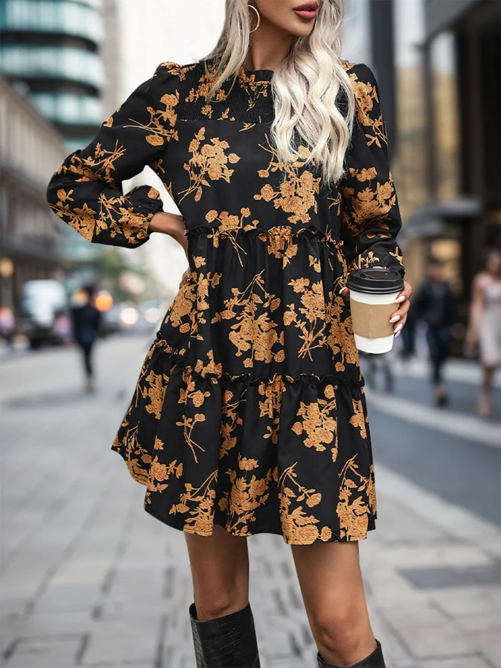 Frill Printed Long Sleeve Mini Dress - V.I.P Digital Presence