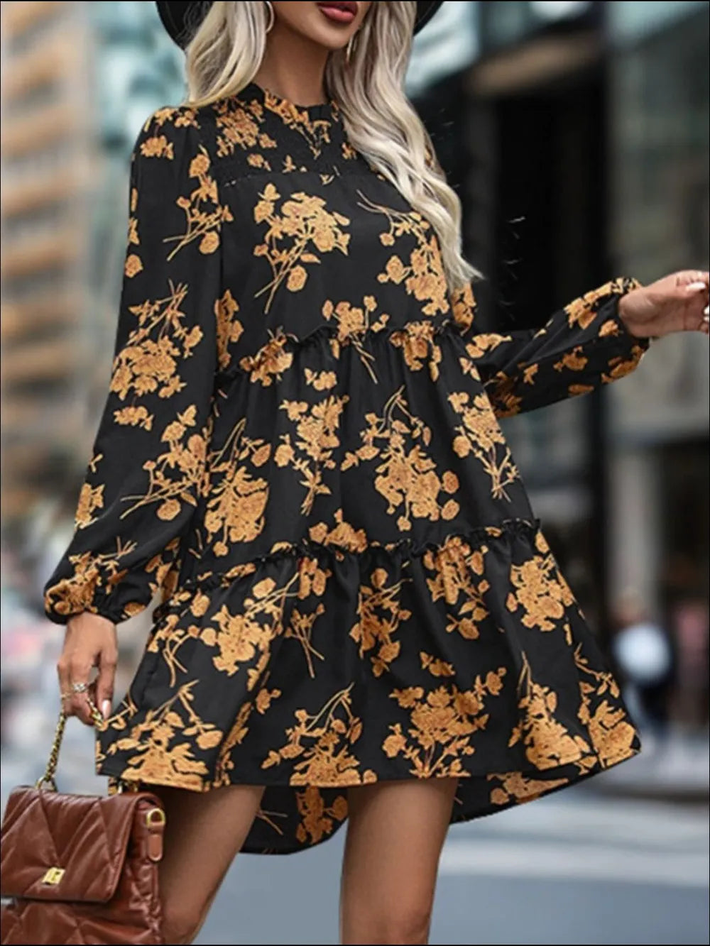 Frill Printed Long Sleeve Mini Dress - V.I.P Digital Presence