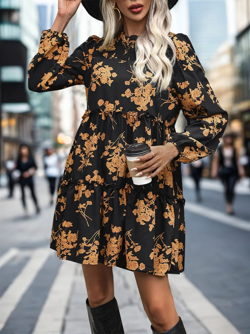 Frill Printed Long Sleeve Mini Dress - V.I.P Digital Presence
