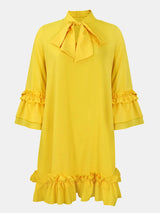 Frill Tie Neck Three-Quarter Sleeve Dress - V.I.P Digital Presence
