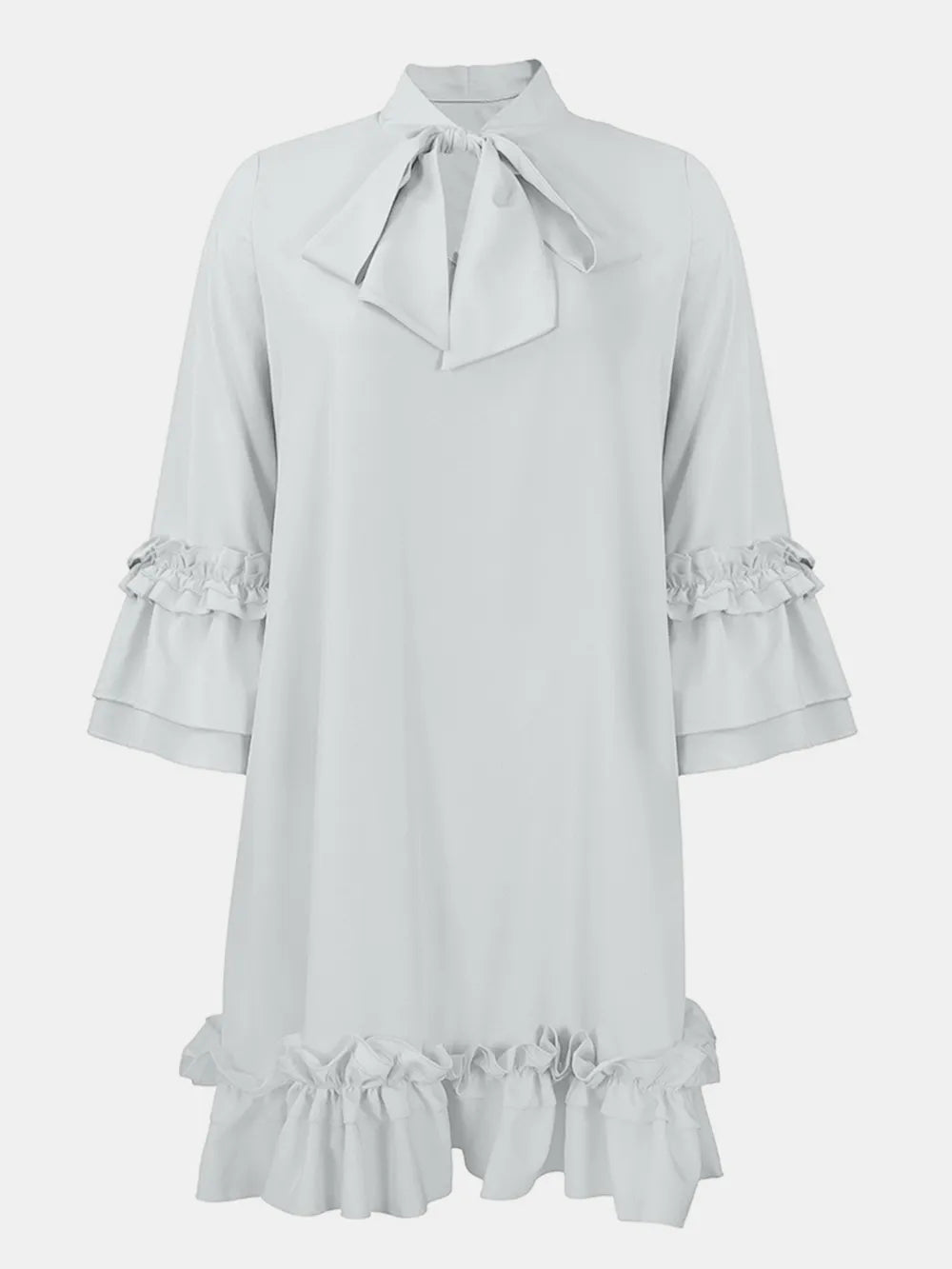 Frill Tie Neck Three-Quarter Sleeve Dress - V.I.P Digital Presence