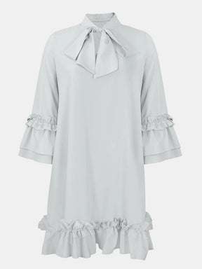 Frill Tie Neck Three-Quarter Sleeve Dress - V.I.P Digital Presence