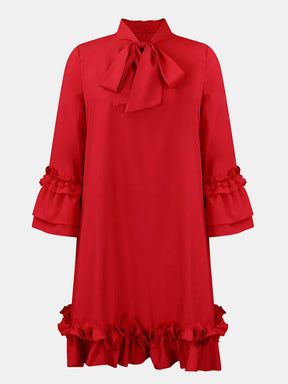 Frill Tie Neck Three-Quarter Sleeve Dress - V.I.P Digital Presence