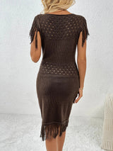 Fringe Openwork Boat Neck Knit Dress - V.I.P Digital Presence