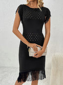 Fringe Openwork Boat Neck Knit Dress - V.I.P Digital Presence