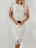 Fringe Openwork Boat Neck Knit Dress - V.I.P Digital Presence
