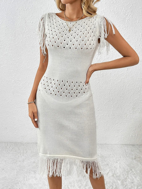 Fringe Openwork Boat Neck Knit Dress - V.I.P Digital Presence