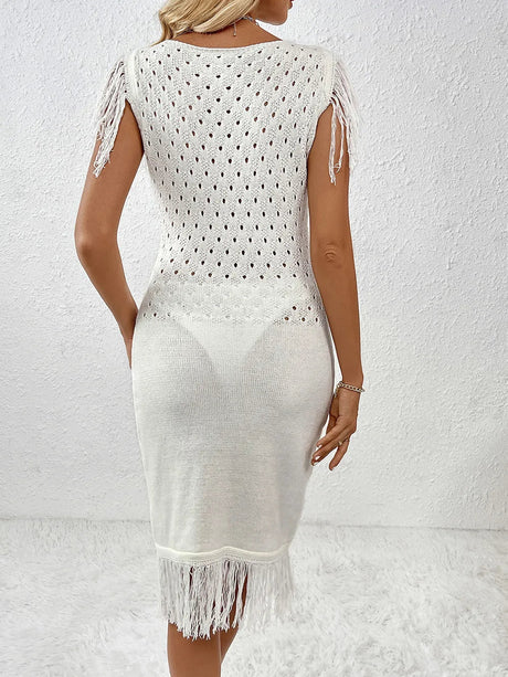 Fringe Openwork Boat Neck Knit Dress - V.I.P Digital Presence