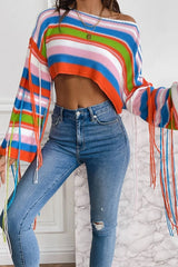 Fringe Striped Round Neck Knit Top - V.I.P Digital Presence