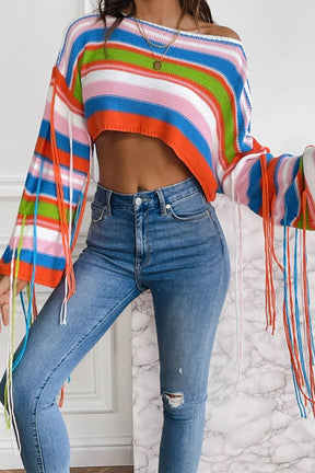 Fringe Striped Round Neck Knit Top - V.I.P Digital Presence
