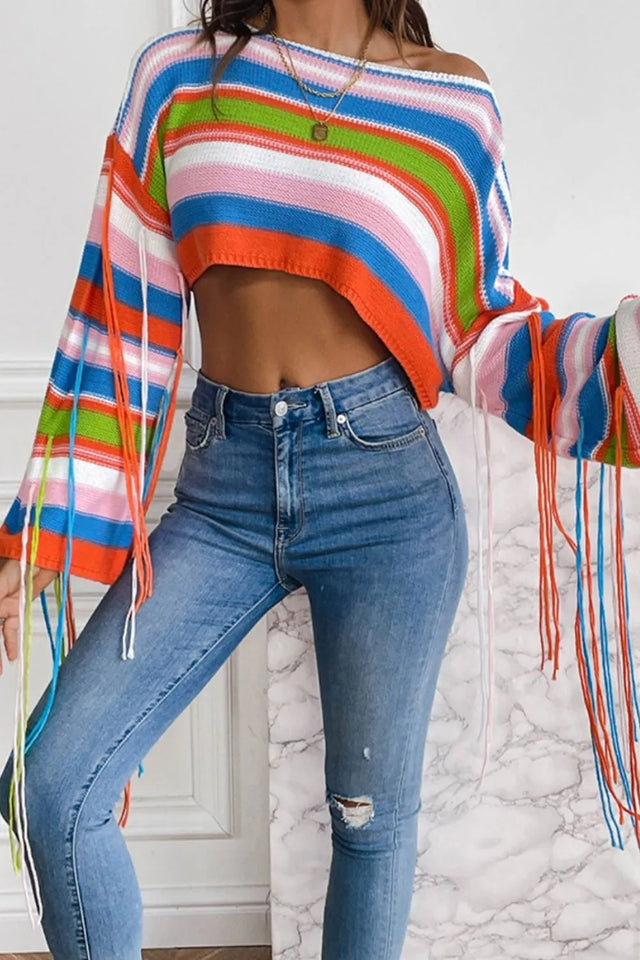 Fringe Striped Round Neck Knit Top - V.I.P Digital Presence