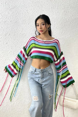 Fringe Striped Round Neck Knit Top - V.I.P Digital Presence