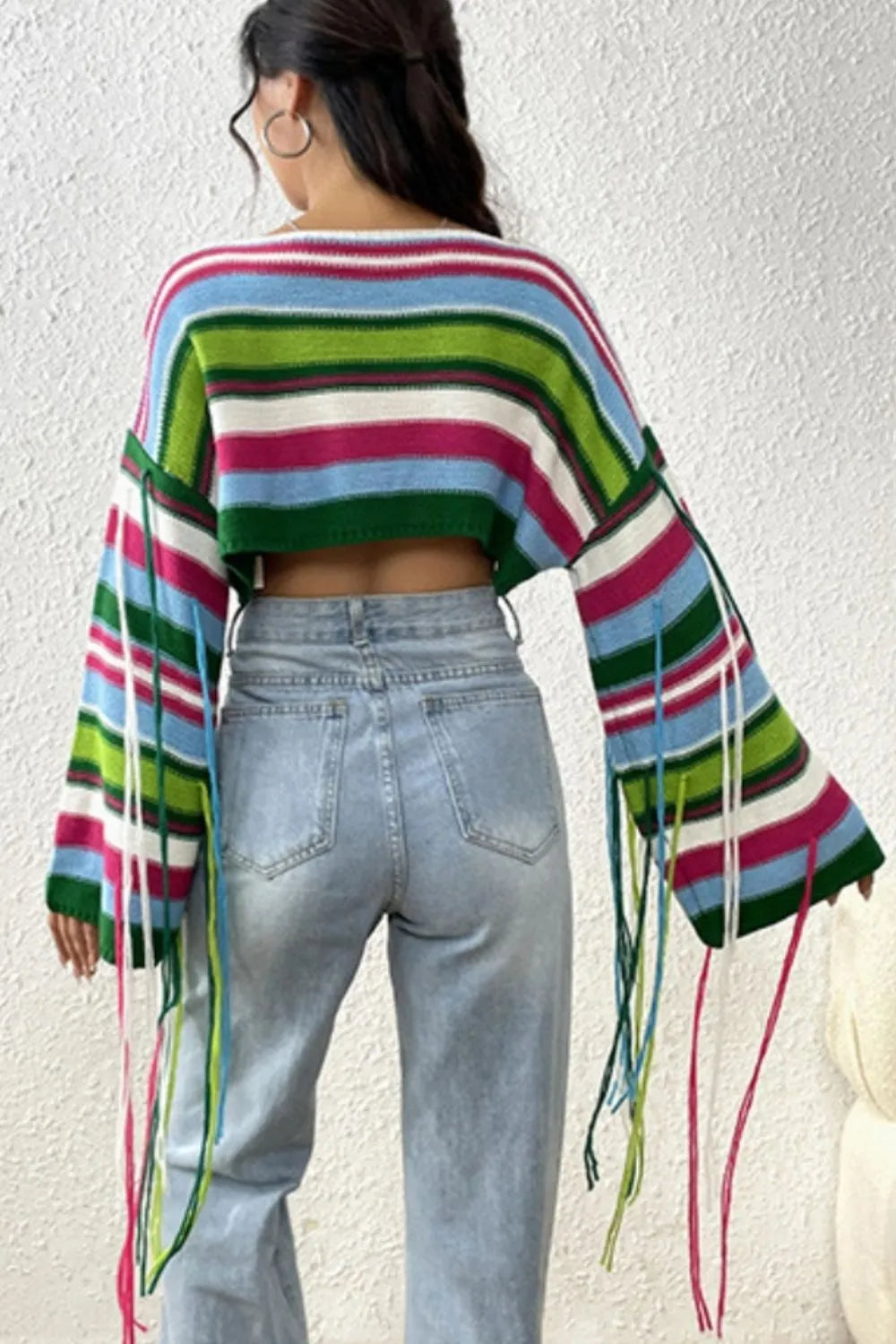 Fringe Striped Round Neck Knit Top - V.I.P Digital Presence