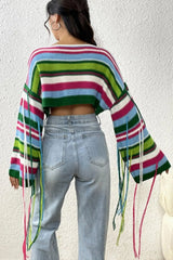 Fringe Striped Round Neck Knit Top - V.I.P Digital Presence
