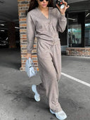 Full Size Button Up Long Sleeve Top and Pants Set - V.I.P Digital Presence
