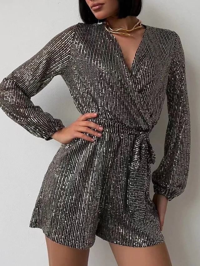 Full Size Sequin Surplice Tie Waist Long Sleeve Romper - V.I.P Digital Presence