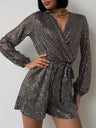 Full Size Sequin Surplice Tie Waist Long Sleeve Romper - V.I.P Digital Presence