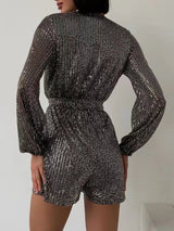 Full Size Sequin Surplice Tie Waist Long Sleeve Romper - V.I.P Digital Presence