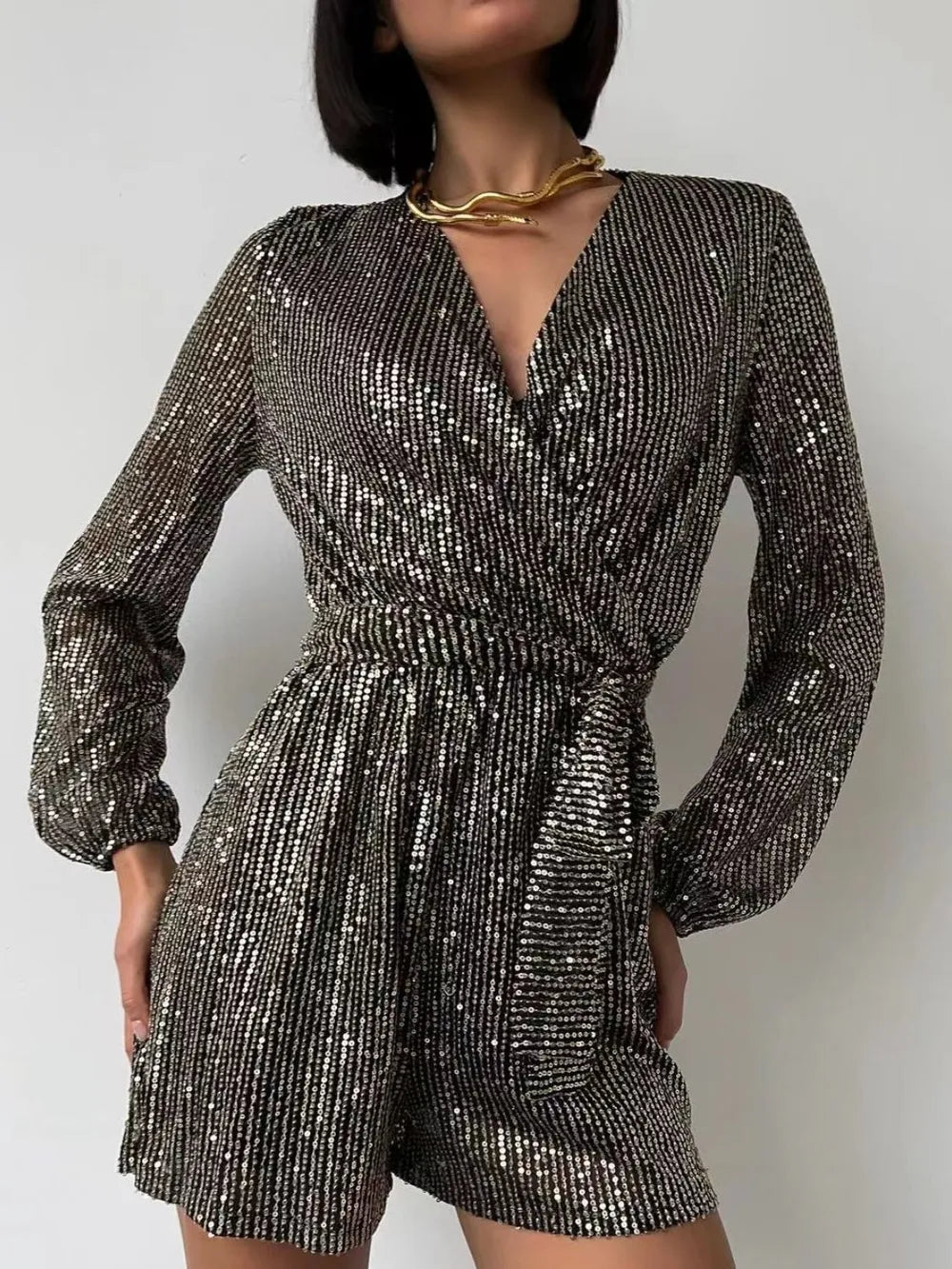Full Size Sequin Surplice Tie Waist Long Sleeve Romper - V.I.P Digital Presence
