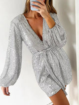 Full Size Sequin Surplice Tie Waist Long Sleeve Romper - V.I.P Digital Presence