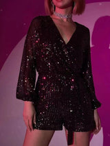 Full Size Sequin Surplice Tie Waist Long Sleeve Romper - V.I.P Digital Presence