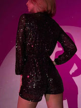 Full Size Sequin Surplice Tie Waist Long Sleeve Romper - V.I.P Digital Presence