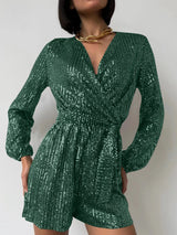 Full Size Sequin Surplice Tie Waist Long Sleeve Romper - V.I.P Digital Presence
