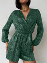 Full Size Sequin Surplice Tie Waist Long Sleeve Romper - V.I.P Digital Presence