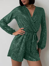 Full Size Sequin Surplice Tie Waist Long Sleeve Romper - V.I.P Digital Presence