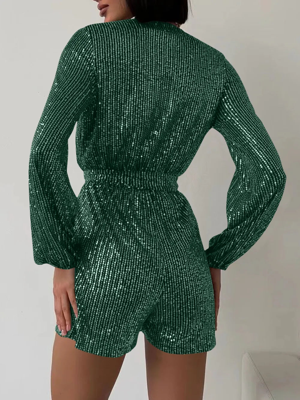 Full Size Sequin Surplice Tie Waist Long Sleeve Romper - V.I.P Digital Presence