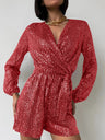Full Size Sequin Surplice Tie Waist Long Sleeve Romper - V.I.P Digital Presence