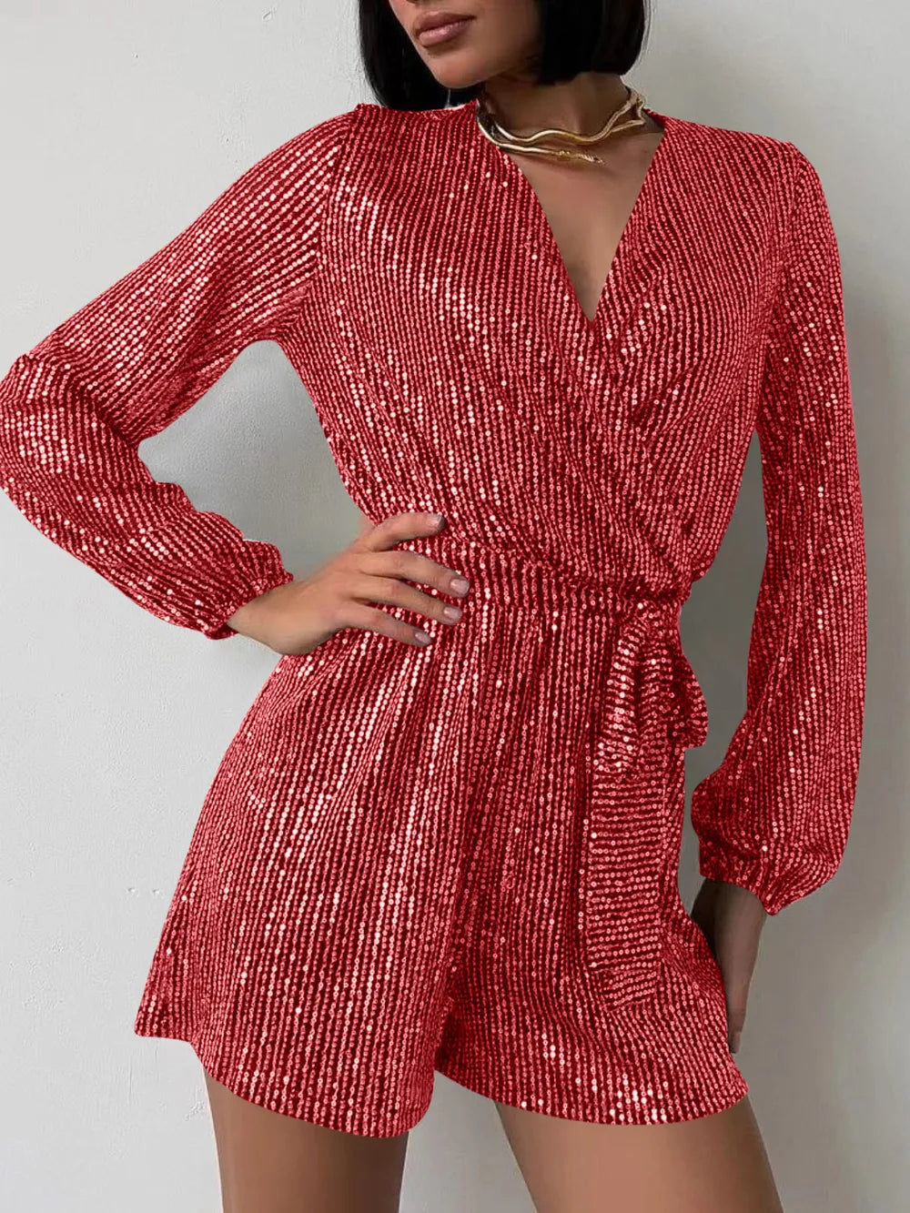 Full Size Sequin Surplice Tie Waist Long Sleeve Romper - V.I.P Digital Presence
