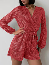Full Size Sequin Surplice Tie Waist Long Sleeve Romper - V.I.P Digital Presence