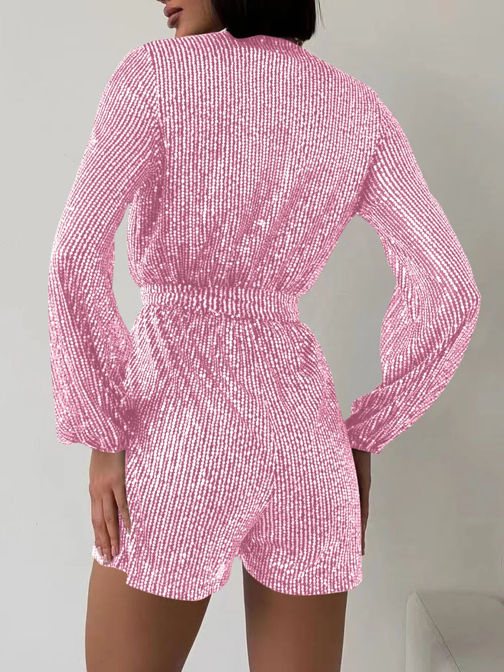 Full Size Sequin Surplice Tie Waist Long Sleeve Romper - V.I.P Digital Presence