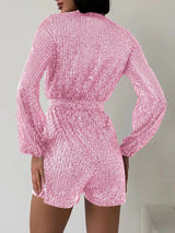 Full Size Sequin Surplice Tie Waist Long Sleeve Romper - V.I.P Digital Presence