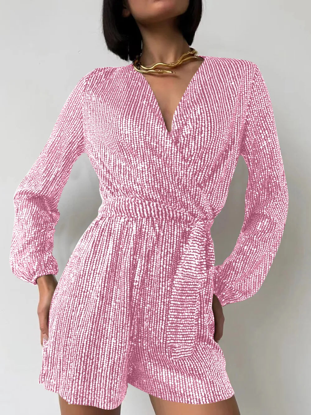 Full Size Sequin Surplice Tie Waist Long Sleeve Romper - V.I.P Digital Presence