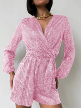 Full Size Sequin Surplice Tie Waist Long Sleeve Romper - V.I.P Digital Presence
