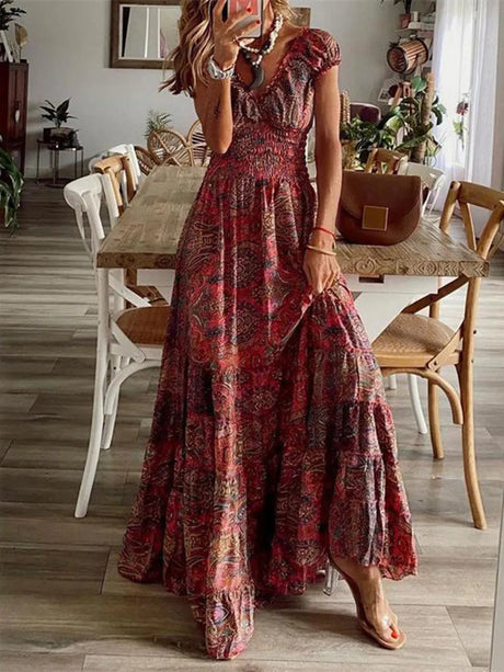 Full Size Smocked Printed V-Neck Short Sleeve Dress - V.I.P Digital Presence