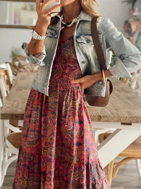 Full Size Smocked Printed V-Neck Short Sleeve Dress - V.I.P Digital Presence