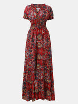 Full Size Smocked Printed V-Neck Short Sleeve Dress - V.I.P Digital Presence