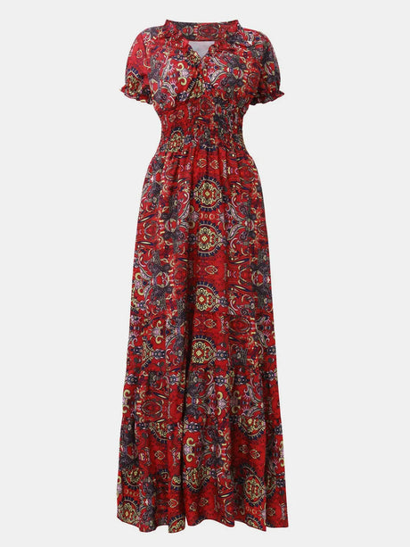 Full Size Smocked Printed V-Neck Short Sleeve Dress - V.I.P Digital Presence