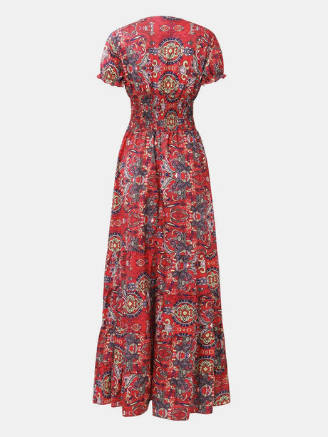 Full Size Smocked Printed V-Neck Short Sleeve Dress - V.I.P Digital Presence