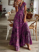 Full Size Smocked Printed V-Neck Short Sleeve Dress - V.I.P Digital Presence