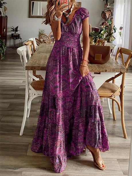 Full Size Smocked Printed V-Neck Short Sleeve Dress - V.I.P Digital Presence
