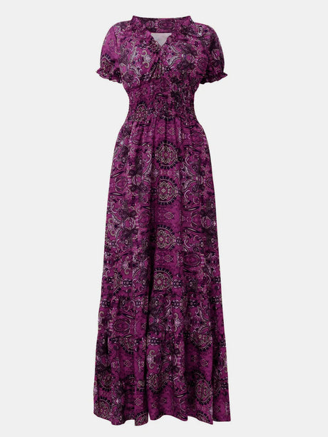Full Size Smocked Printed V-Neck Short Sleeve Dress - V.I.P Digital Presence