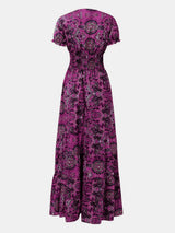 Full Size Smocked Printed V-Neck Short Sleeve Dress - V.I.P Digital Presence