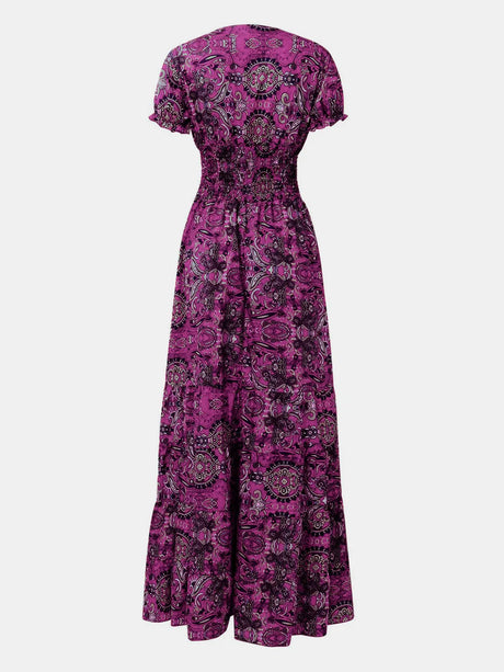 Full Size Smocked Printed V-Neck Short Sleeve Dress - V.I.P Digital Presence